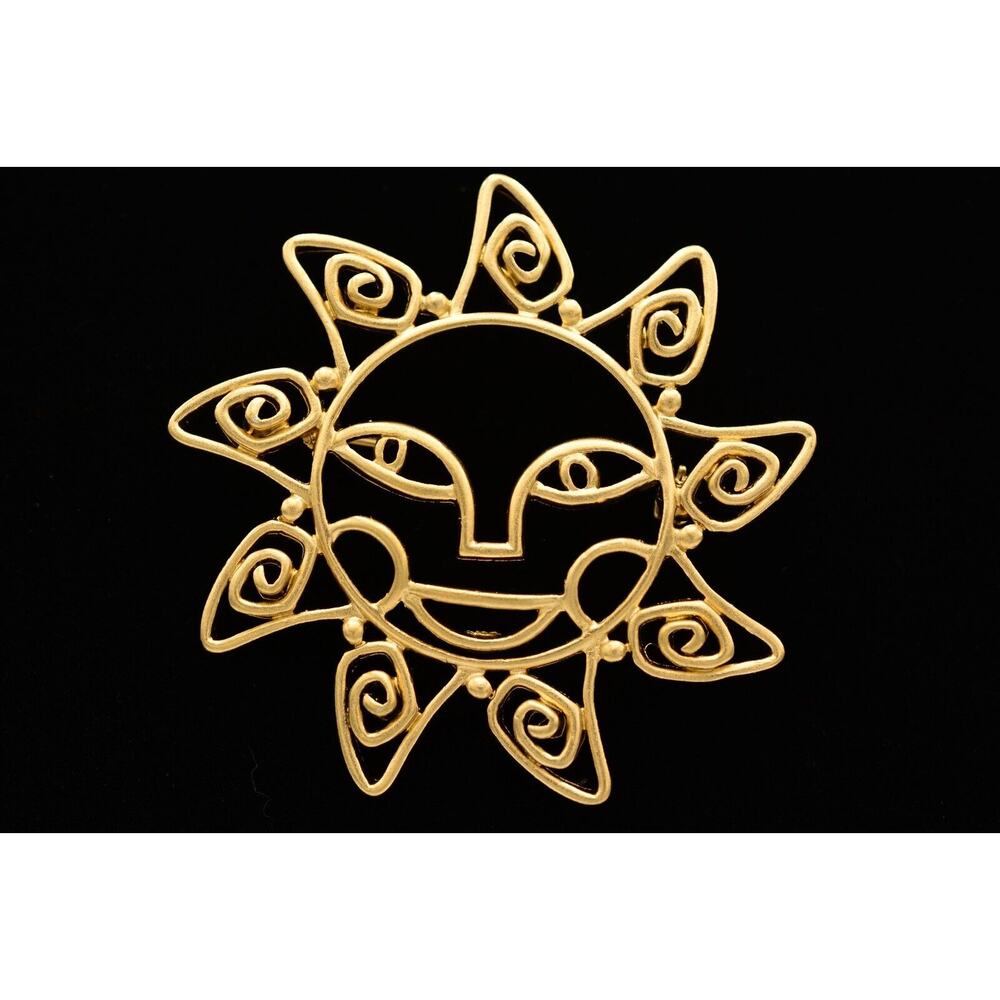 Vintage 2" Sun Pin Brooch Sunny Face Brushed Gold Tone Solar Summer 1980s BinA10